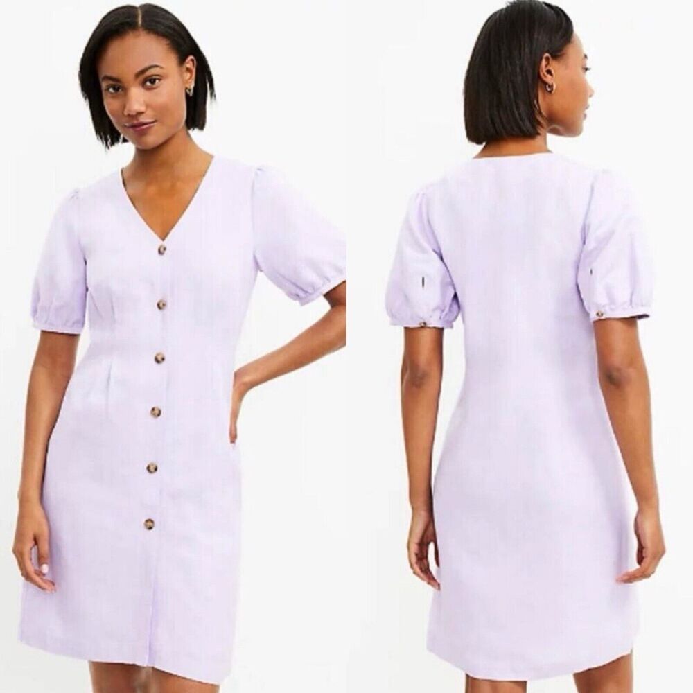 LOFT Button Down V-Neck Puff Sleeve Mini‎ Dress Linen Blend Size 18 Purple Lilac